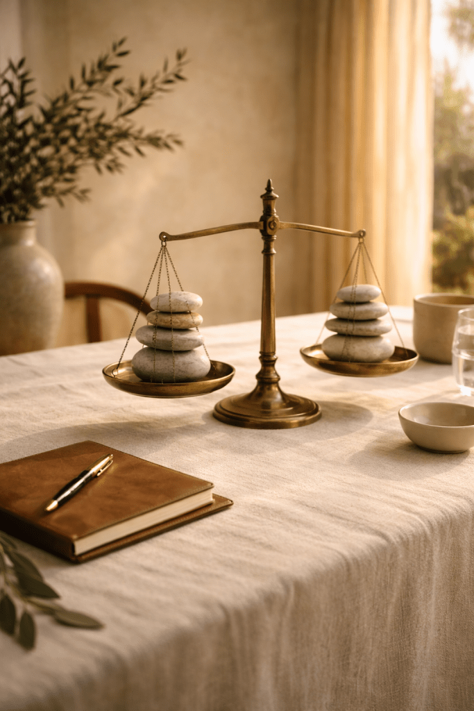 Brass weegschaal met perfect gebalanceerde stapels natuurstenen op linnen tafel in mediterrane setting, symbool voor strategische balans en doordachte website- of SEO-aanpak