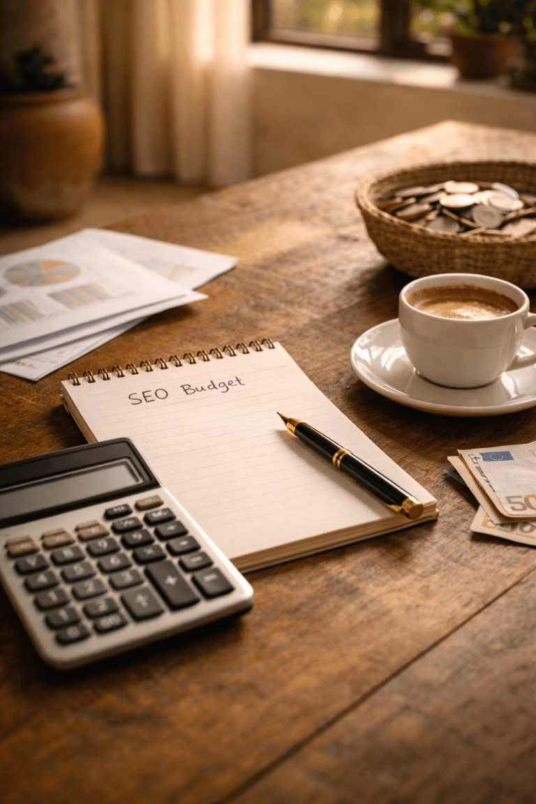 Calculator, notitieboek en koffie op houten tafel in warme mediterrane setting, symbool voor het berekenen van SEO-kosten en rendement in België