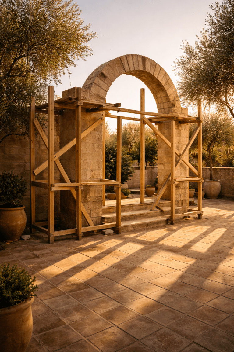 Halfgebouwde stenen boog met houten steigerconstructie in mediterrane binnenplaats bij zonsondergang, symbool voor gestructureerde website-architectuur en SEO-fundament