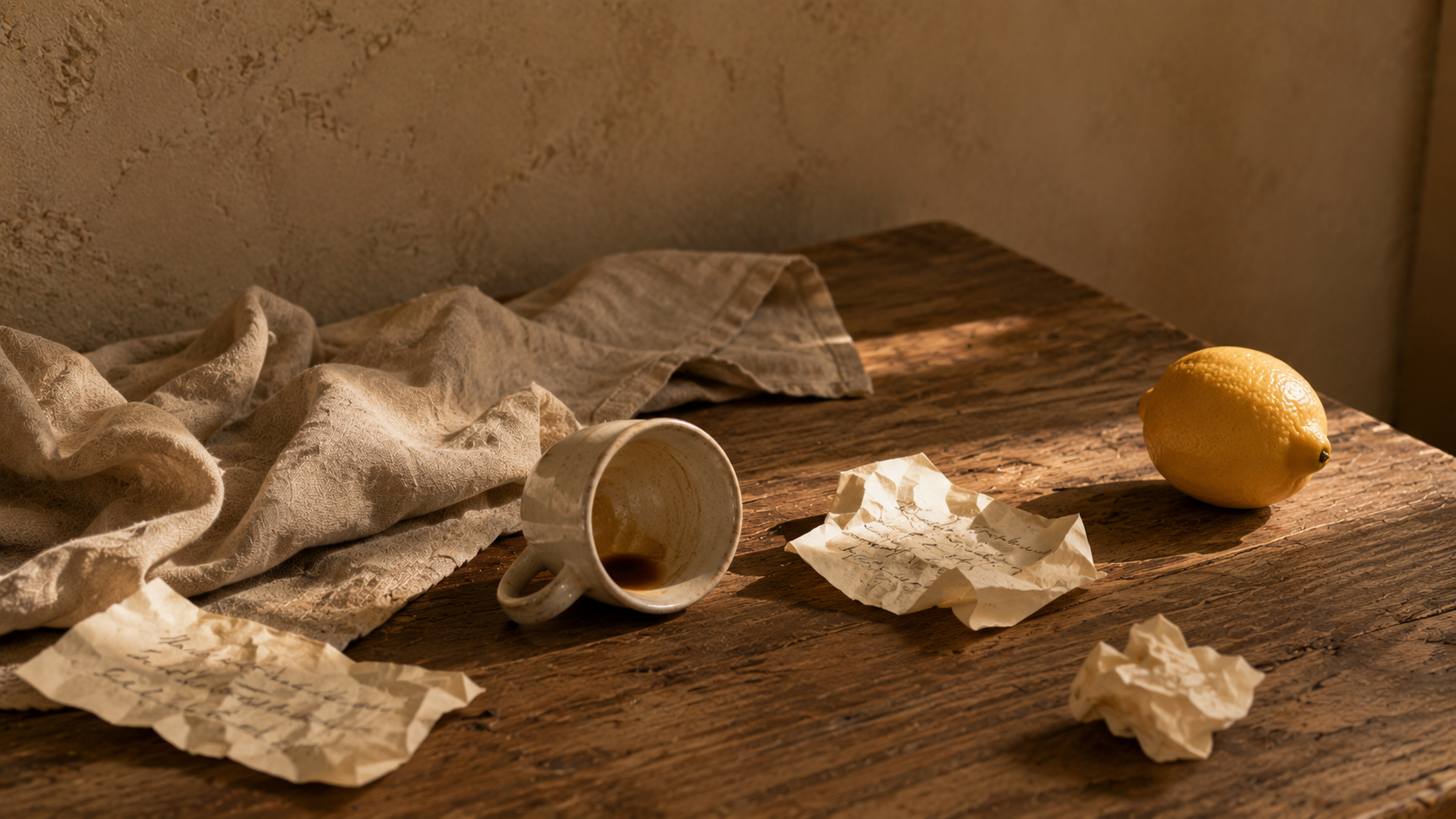 Mediterrane stillevenfoto van een houten tafel met gekreukelde notities, omgevallen espressokopje, linnen doek en een losse citroen in warm namiddaglicht.