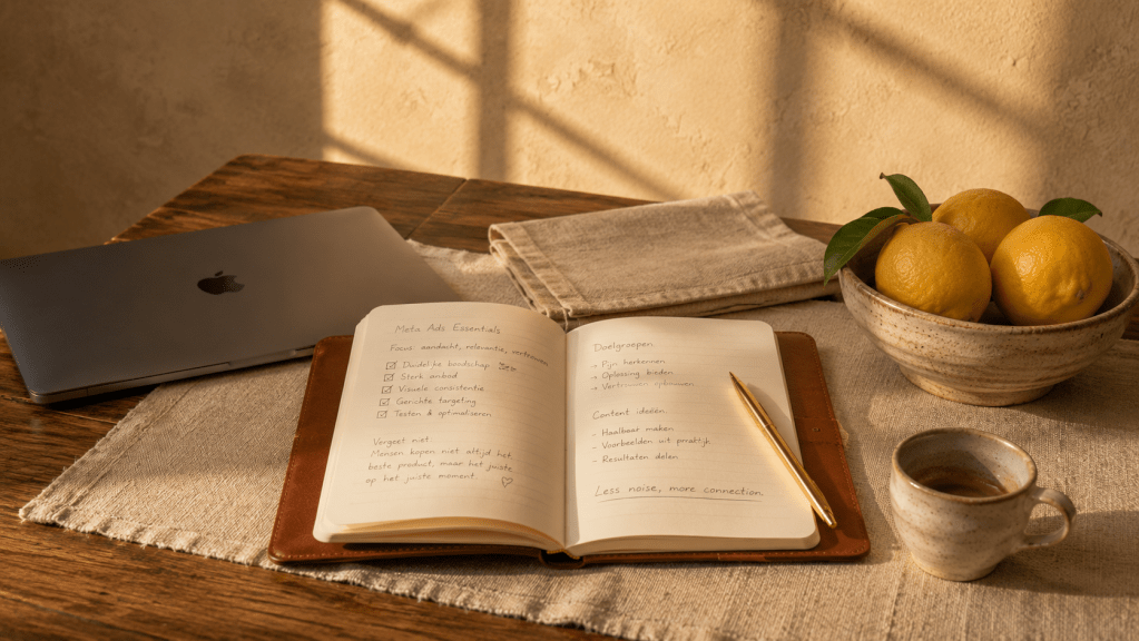 Mediterrane werkplek met open notitieboek, gouden pen, gesloten laptop, espresso en schaal met citroenen op een houten bureau in warm namiddaglicht.