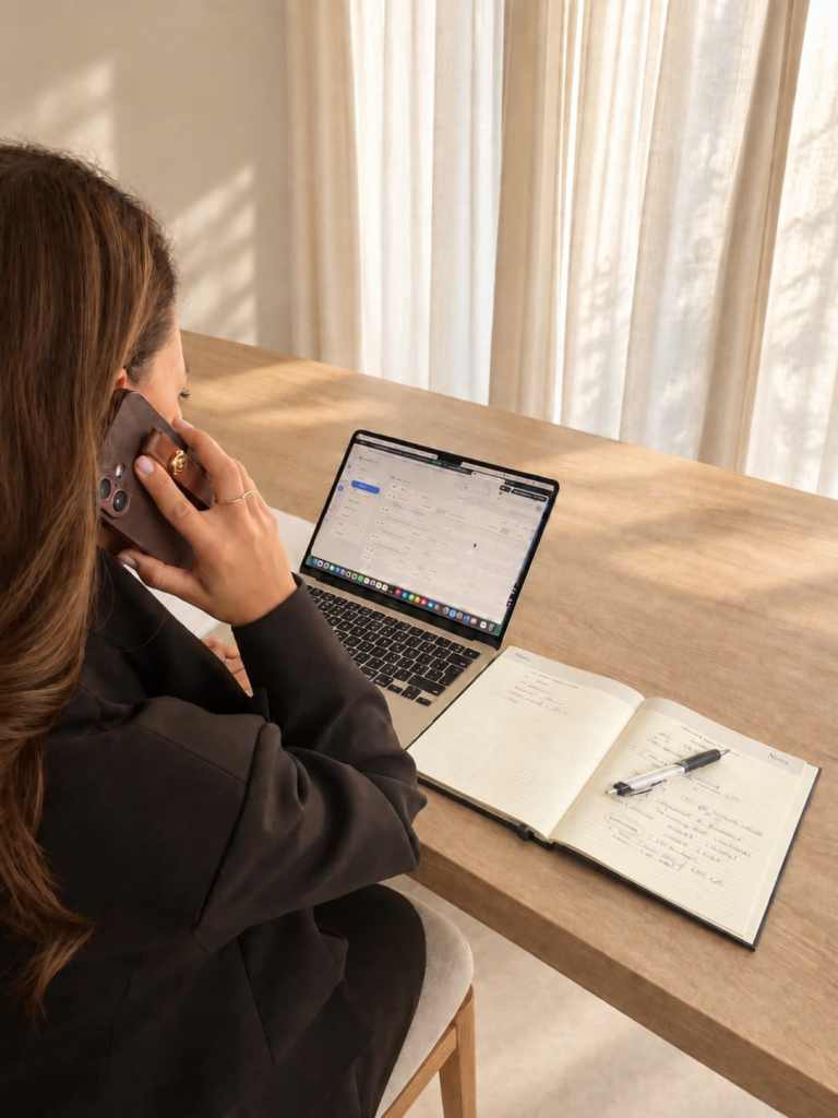 Naomi aan haar laptop tijdens een telefoongesprek